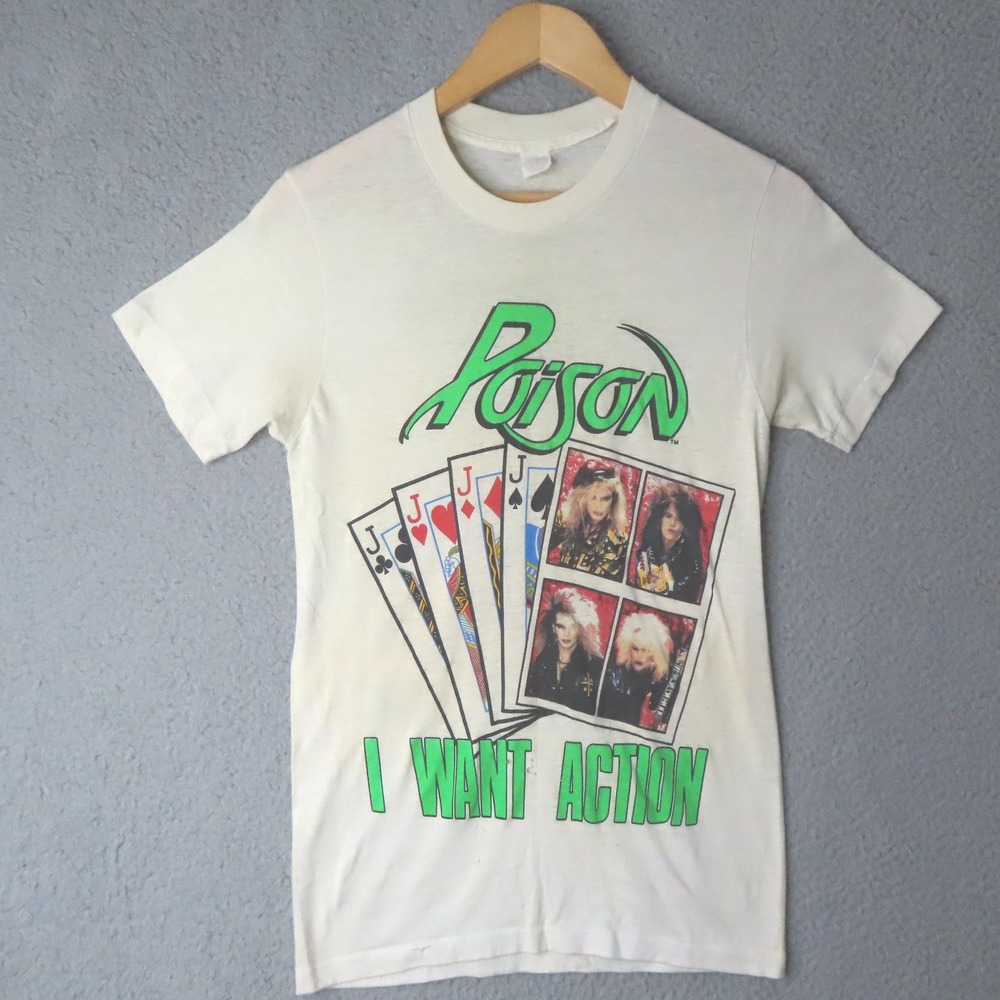 Vintage Thrashed Poison I Want Action T-Shirt 80s Glam Slam Kings Band Tee Med